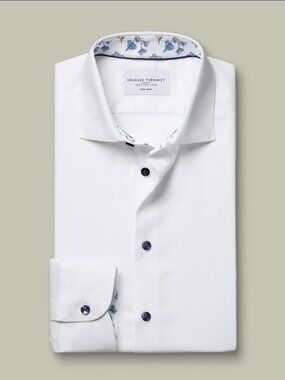 Charles Tyrwhitt Non-Iron Stretch Floral Print Trim Shirt, White, 15.5" Slim Fit
